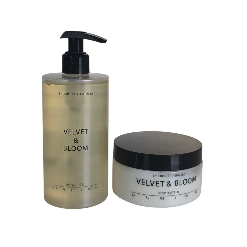 Velvet & Bloom Saffron & Cashmere Body Butter & Shower Gel 11.8 fl oz ~Lot of 2